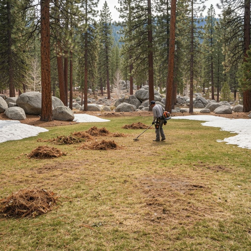 Spring yard clean up service at a Lake Tahoe mountain home removing pine needles and seasonal debris